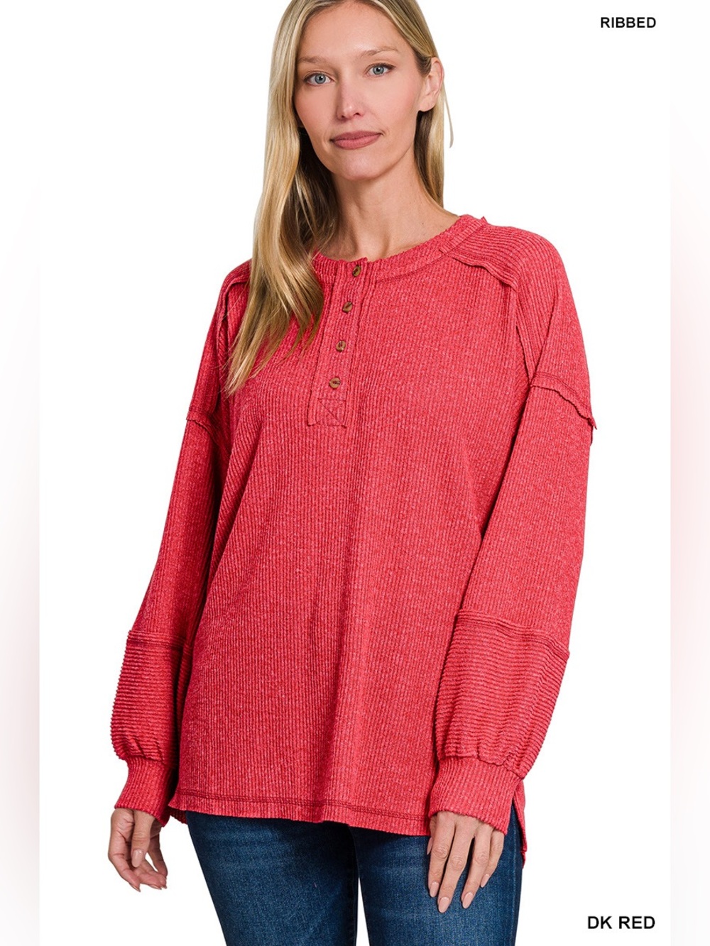 HT-2466A Zenana Dk Red Button Front Ribbed Melange Long Sleeve Top